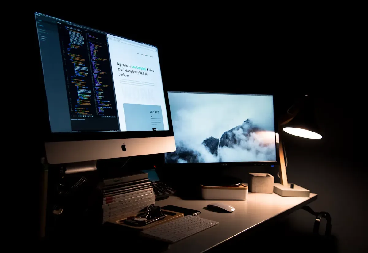 Desktop computer showing a portfolio website in a bright room